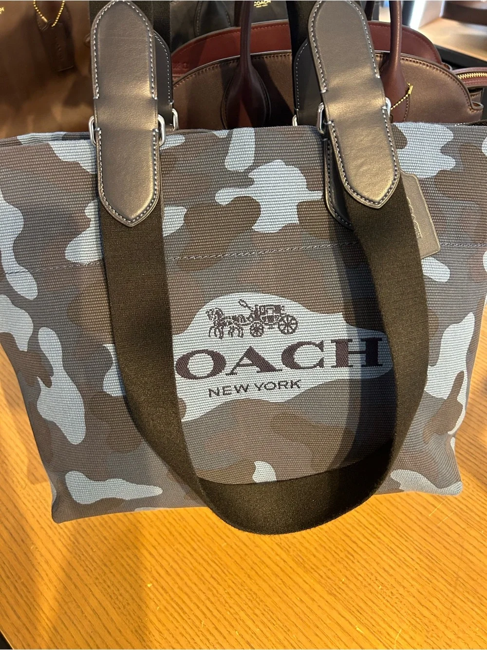 Coach Blue Camo Canvas tour Tote with Black Leather Handles